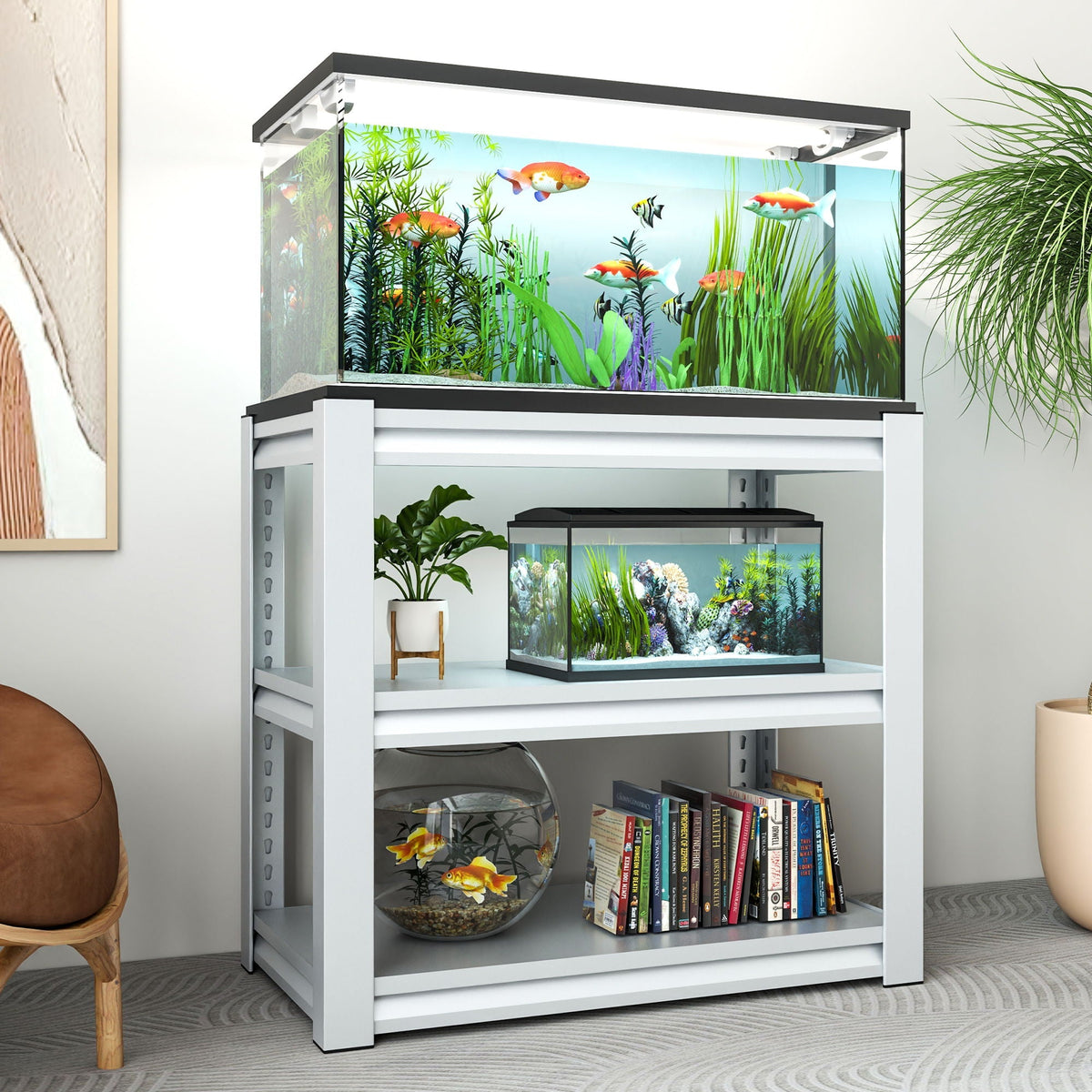 Metal aquarium stand for 20–30 gallon tanks, gray frame with black trim and dual tanks on Tampa Home & Garden Store