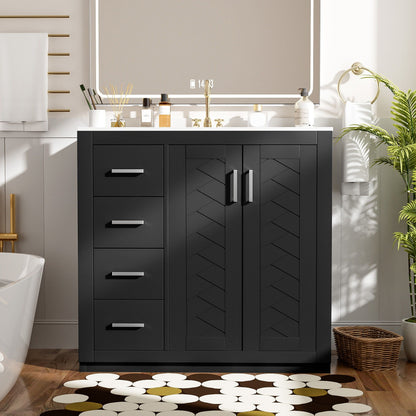 Bathroom vanity with sink, black cabinet with 3 drawers and soft-close doors, gold fixtures on Tampa Home & Garden Store