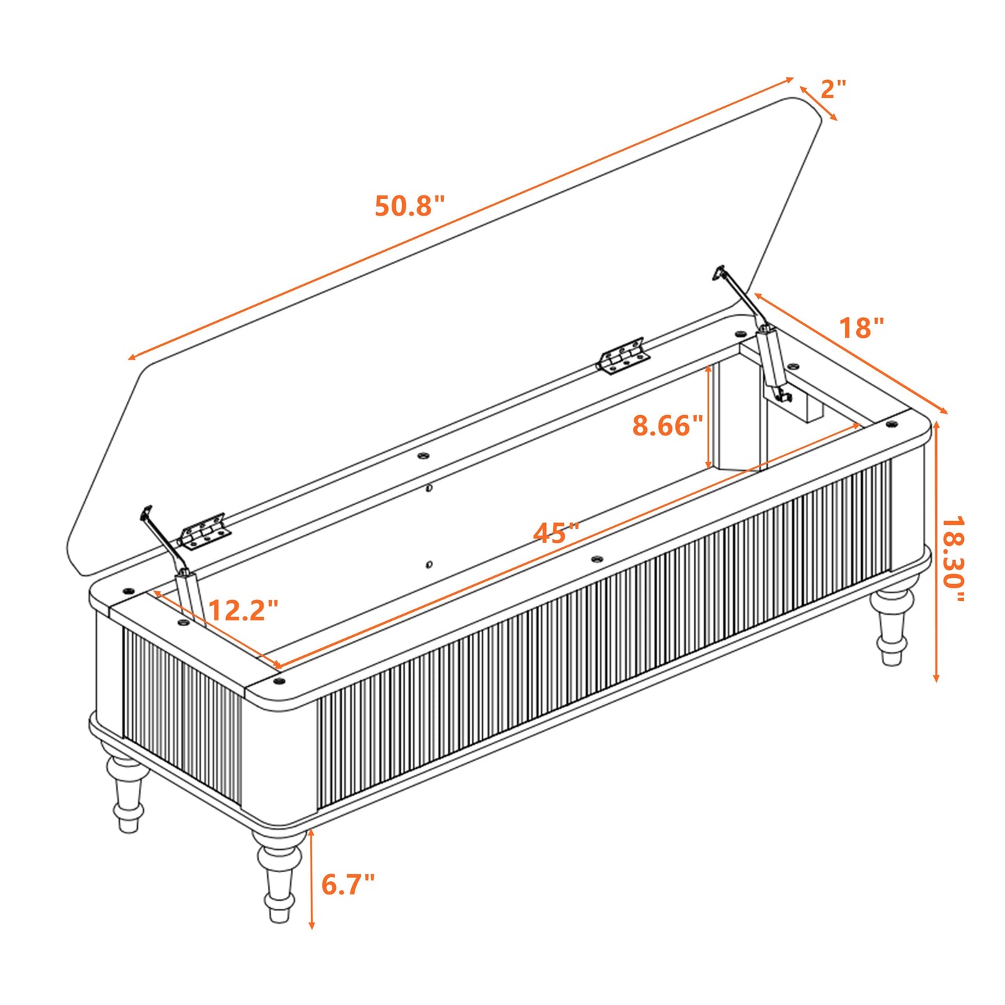 50.8-inch multi-functional storage ottoman bench isometric diagram with hinged lid on Tampa Home & Garden Store