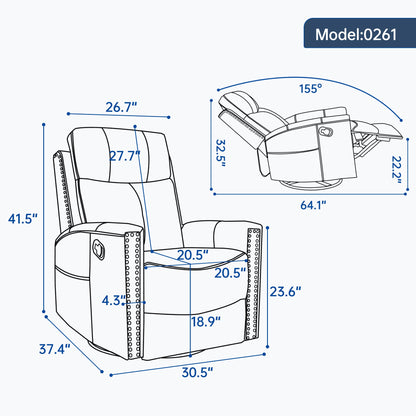 Deep Swivel Recliner and Massage Chair by HouseOfZazla, model 0261, 155° recline diagram on Tampa Home & Garden Store