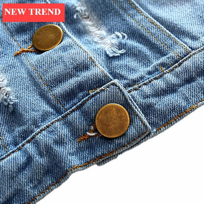 Stevvex baby denim jacket close-up with brass buttons and distressed edges on Tampa Home & Garden Store
