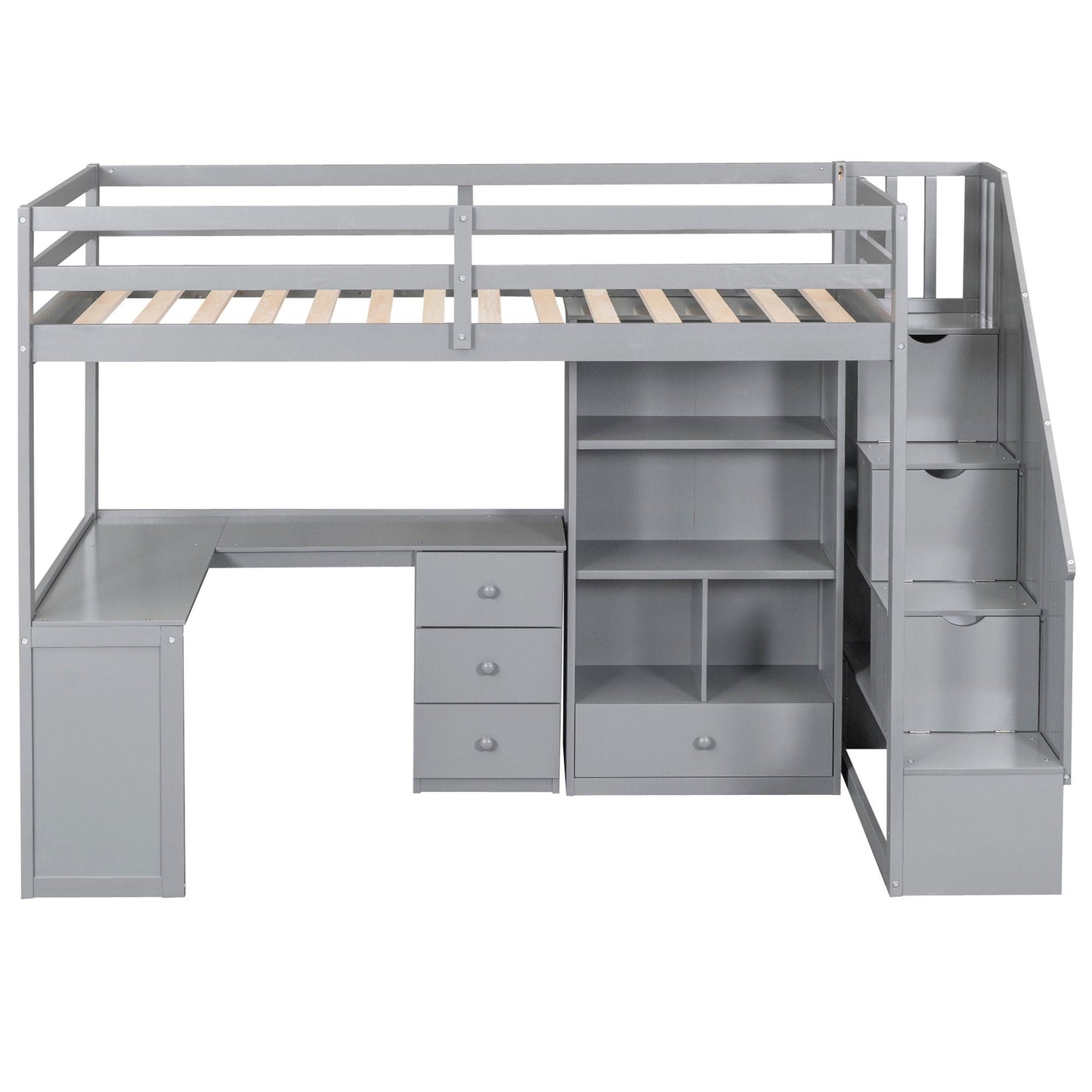 Loft bed with L-shaped desk, drawers, cabinet, storage stairs in gray metal by HouseOfZazla on Tampa Home & Garden Store