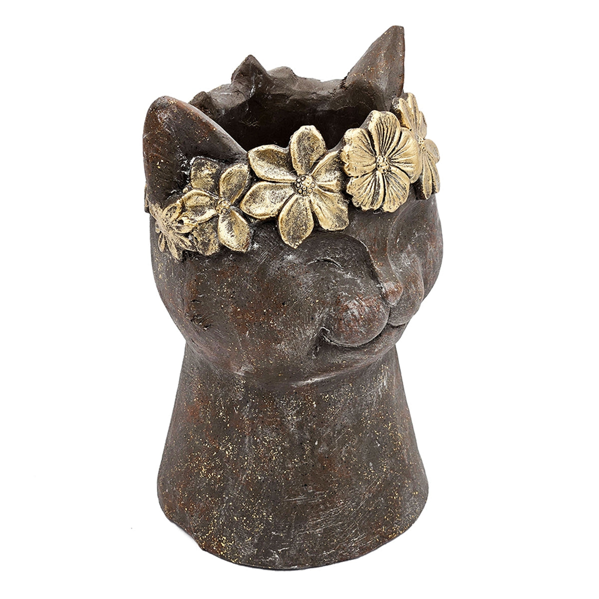 Magnesium cat statue planter with textured finish and gold flower crown on Tampa Home & Garden Store