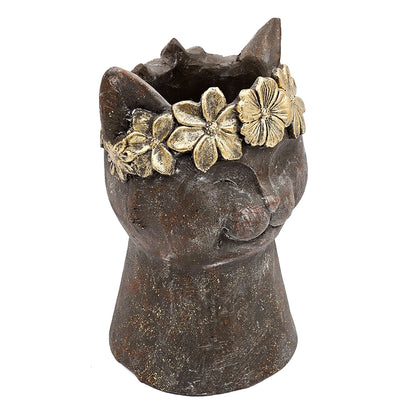 Magnesium cat statue planter with textured finish and gold flower crown on Tampa Home & Garden Store