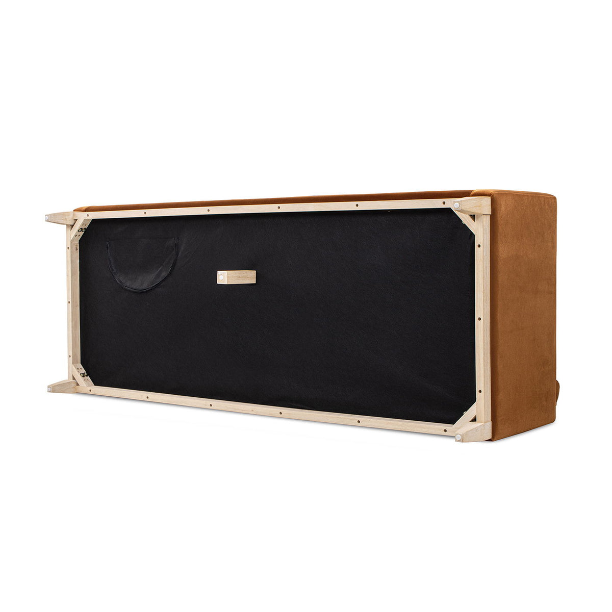 Knox Modern Farmhouse Sofa underside view with natural wood frame, black back panel, tan sides on Tampa Home & Garden Store