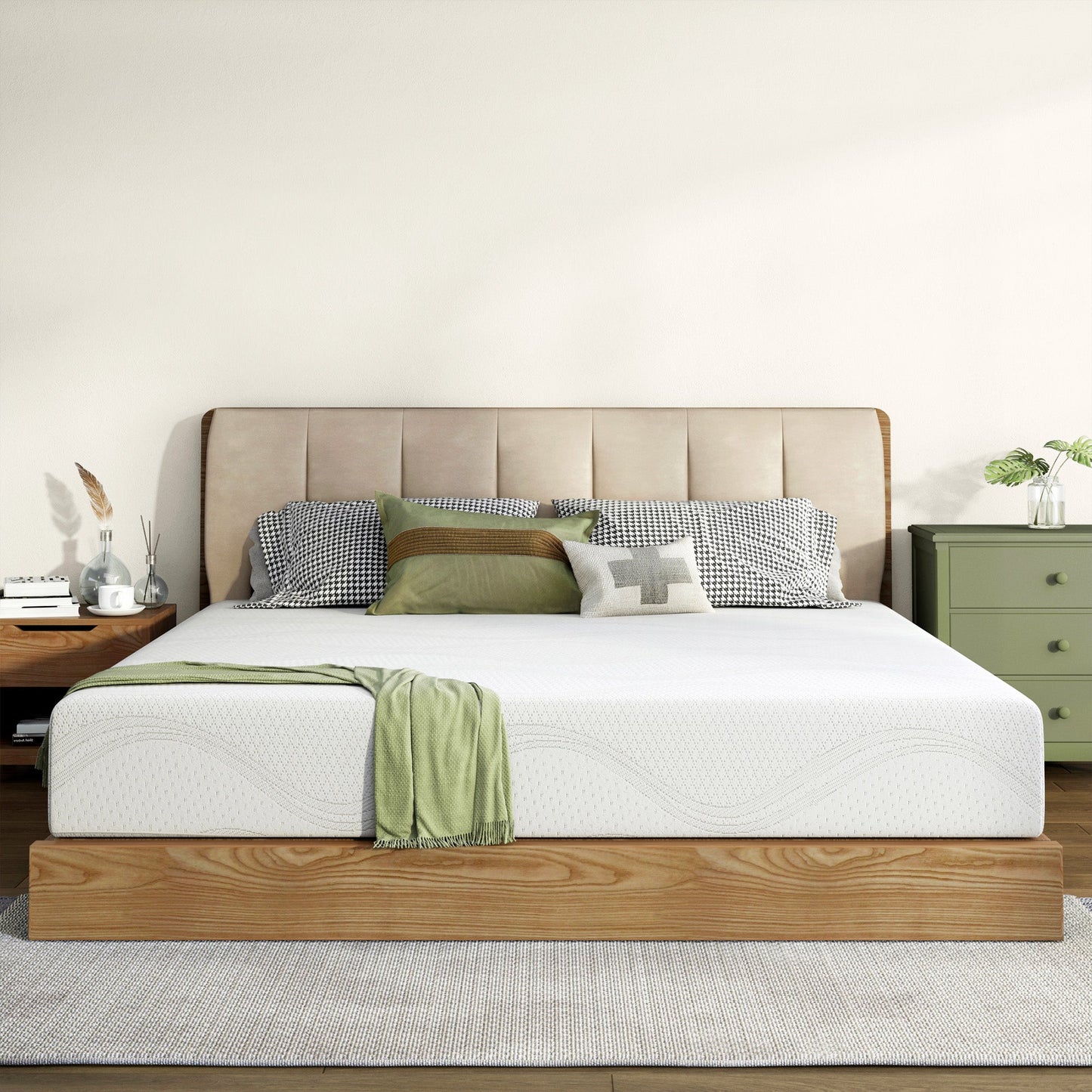 Queen memory foam mattress with cooling white cover on a light wood platform bed on Tampa Home & Garden Store