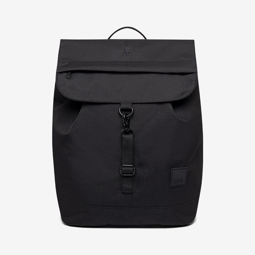 Kaut Backpack by Lefrik USA, black 19L with top flap closure and buckle, logo patch on Tampa Home & Garden Store