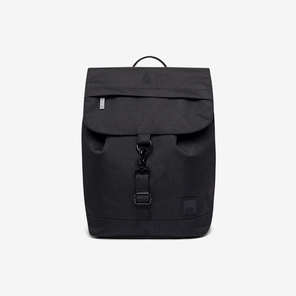 Kaut Mini Backpack Black by Lefrik USA, compact backpack with front flap buckle and top handle on Tampa Home & Garden Store