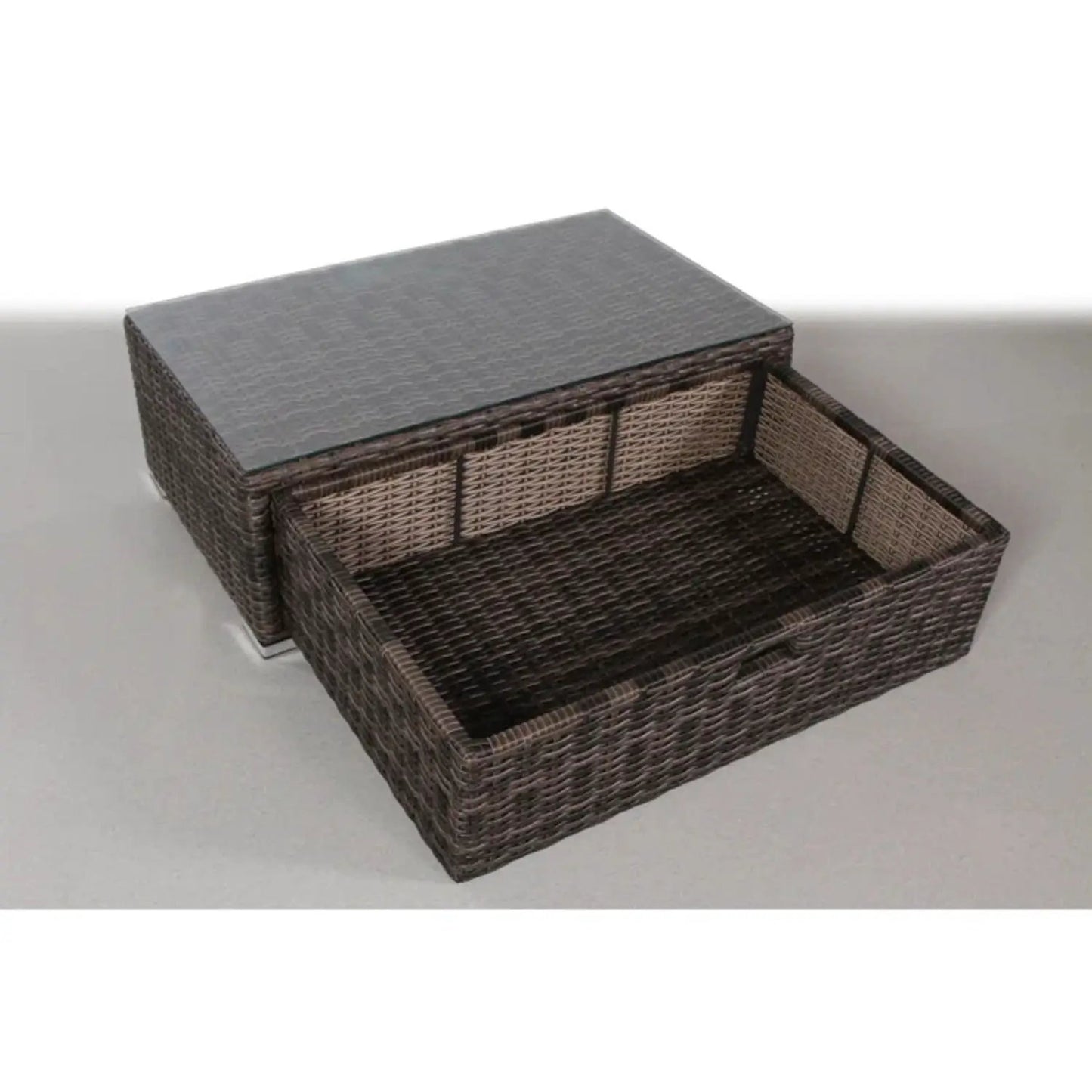 Modern patio rattan 2-piece outdoor set with glass-top coffee table and storage ottoman on Tampa Home & Garden Store
