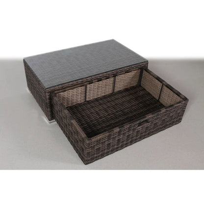 Modern patio rattan 2-piece outdoor sectional set with glass-top coffee table and woven storage ottoman on Tampa Home & Garden Store