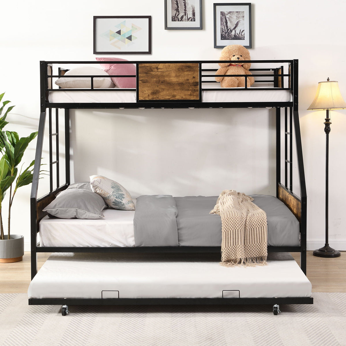 HouseOfZazla Modern metal bunk bed with black frame, side ladders and guardrails on Tampa Home & Garden Store