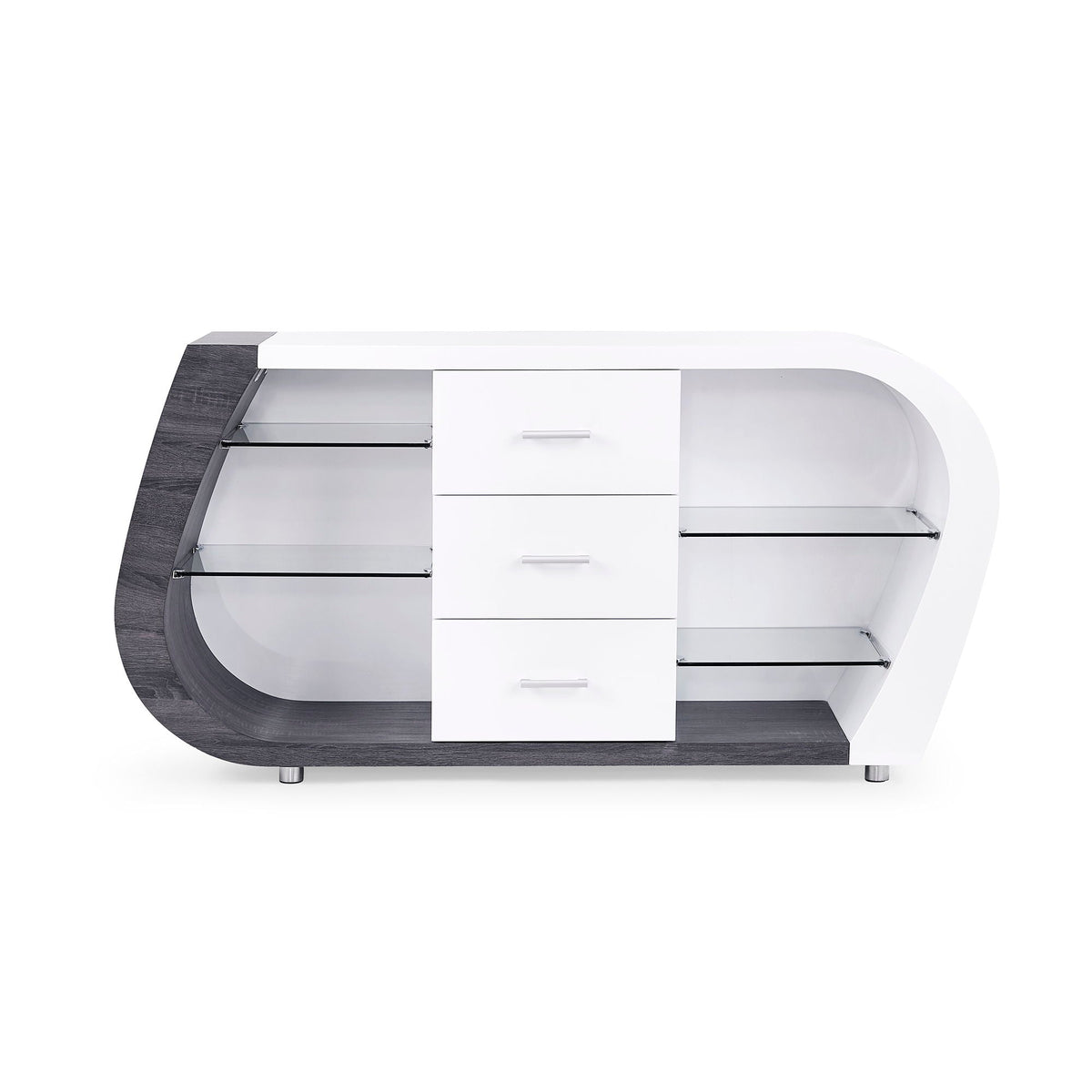 Anne Buffet with Ample Storage white gray featuring drawers and dark wood curved frame on Tampa Home & Garden Store