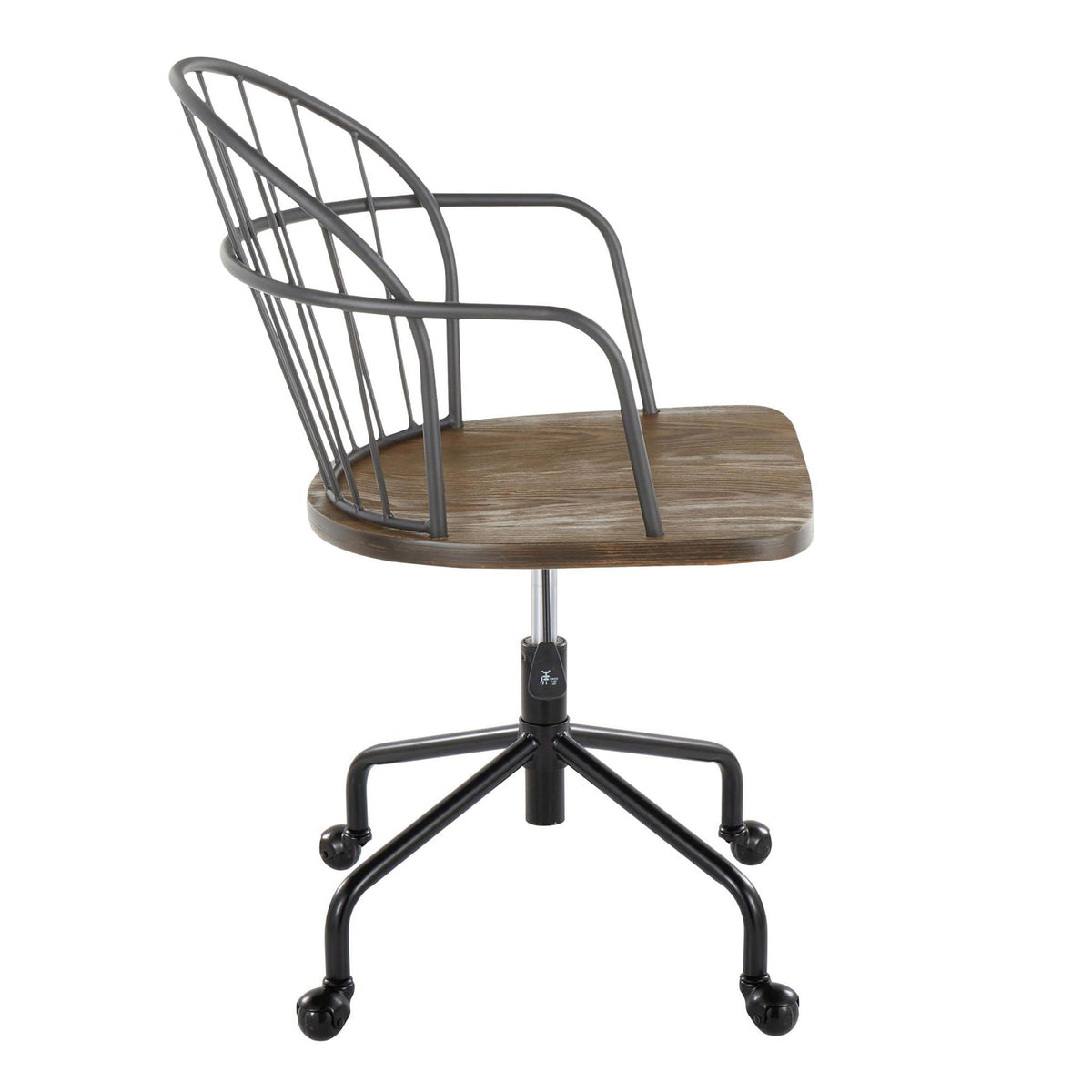 Farmhouse adjustable office chair with dark brown wood seat and metal back swivels on casters on Tampa Home & Garden Store