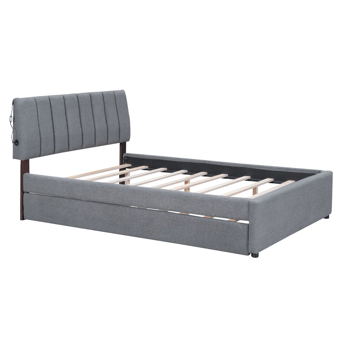 Upholstered Platform Bed with Trundle in gray fabric, channel tufted headboard, HouseOfZazla on Tampa Home & Garden Store