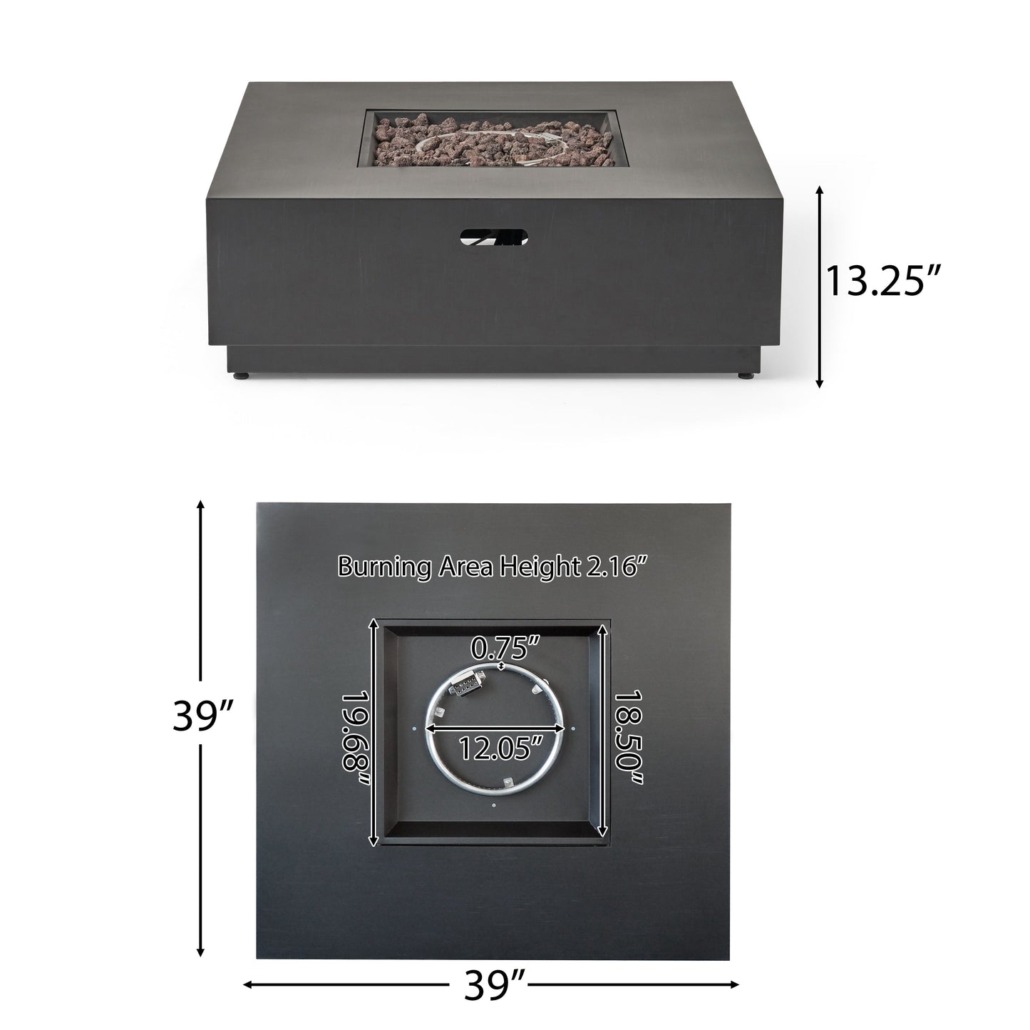 39'' square iron fire pit 50,000 BTU by HouseOfZazla with lava rock bed in black finish on Tampa Home & Garden Store