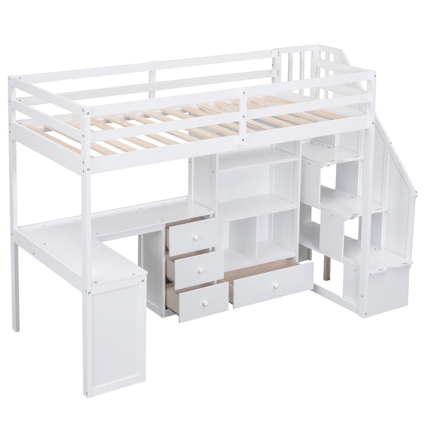Loft Bed with L-Shaped Desk, drawers and storage staircase in white by HouseOfZazla on Tampa Home & Garden Store