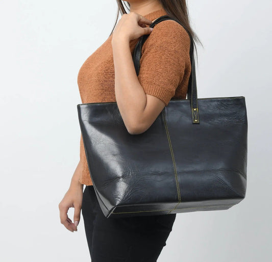 Kim Tote Bag Black leather handbag with contrasting yellow stitching by Classy Leather Bags on Tampa Home & Garden Store