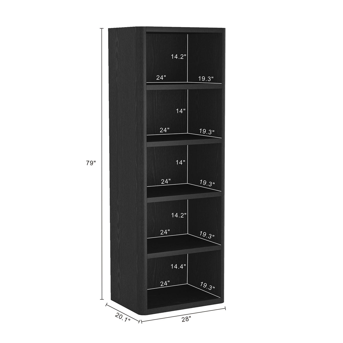 Open bookcase with adjustable shelves, 79 in tall, black finish, HouseOfZazla on Tampa Home & Garden Store