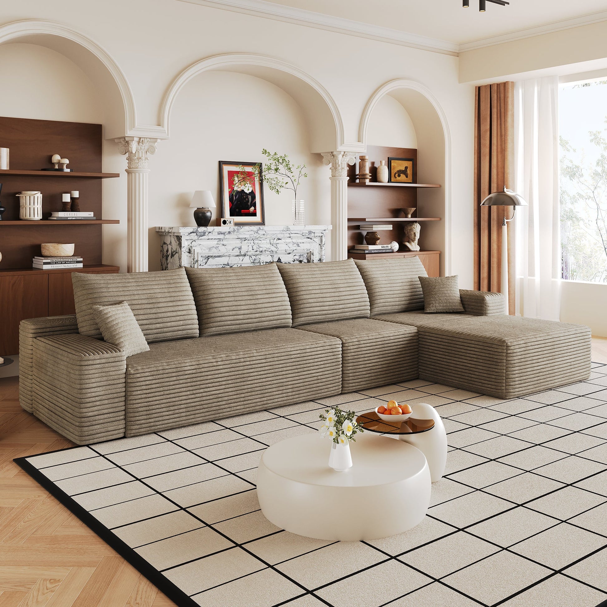 134in Cloud Sectional Couch with L-Shaped Chaise in beige ribbed fabric HouseOfZazla on Tampa Home & Garden Store