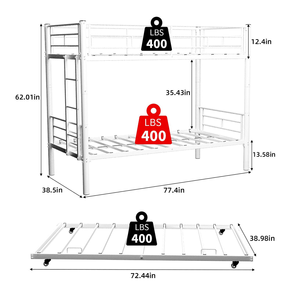 Bunk bed for kids by HouseOfZazla, white metal bunk with convertible frame and guardrail on Tampa Home & Garden Store