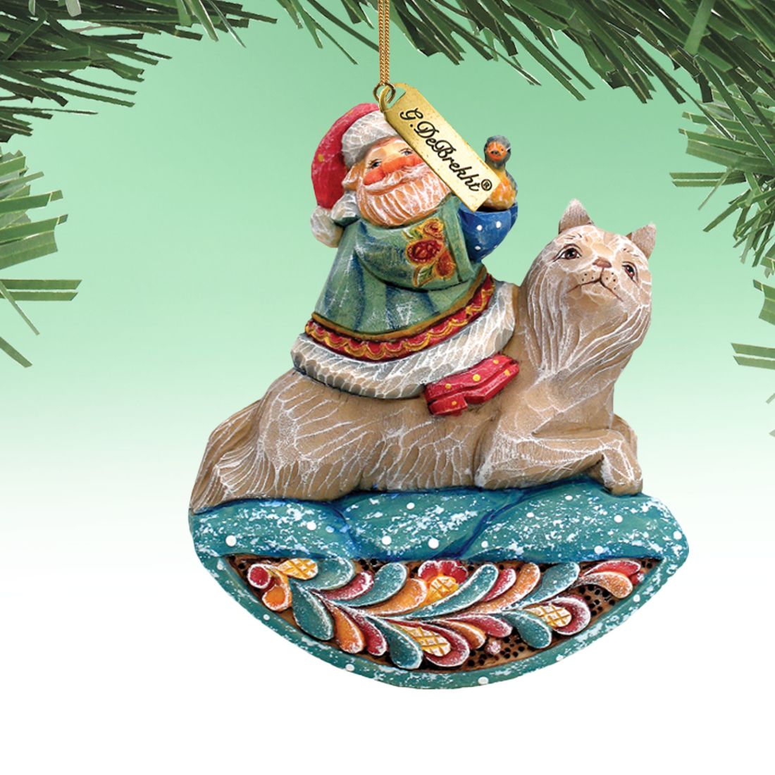 Santa on wolf sculpted hand-painted ornament by G. DeBrekht with colorful attire on Tampa Home & Garden Store