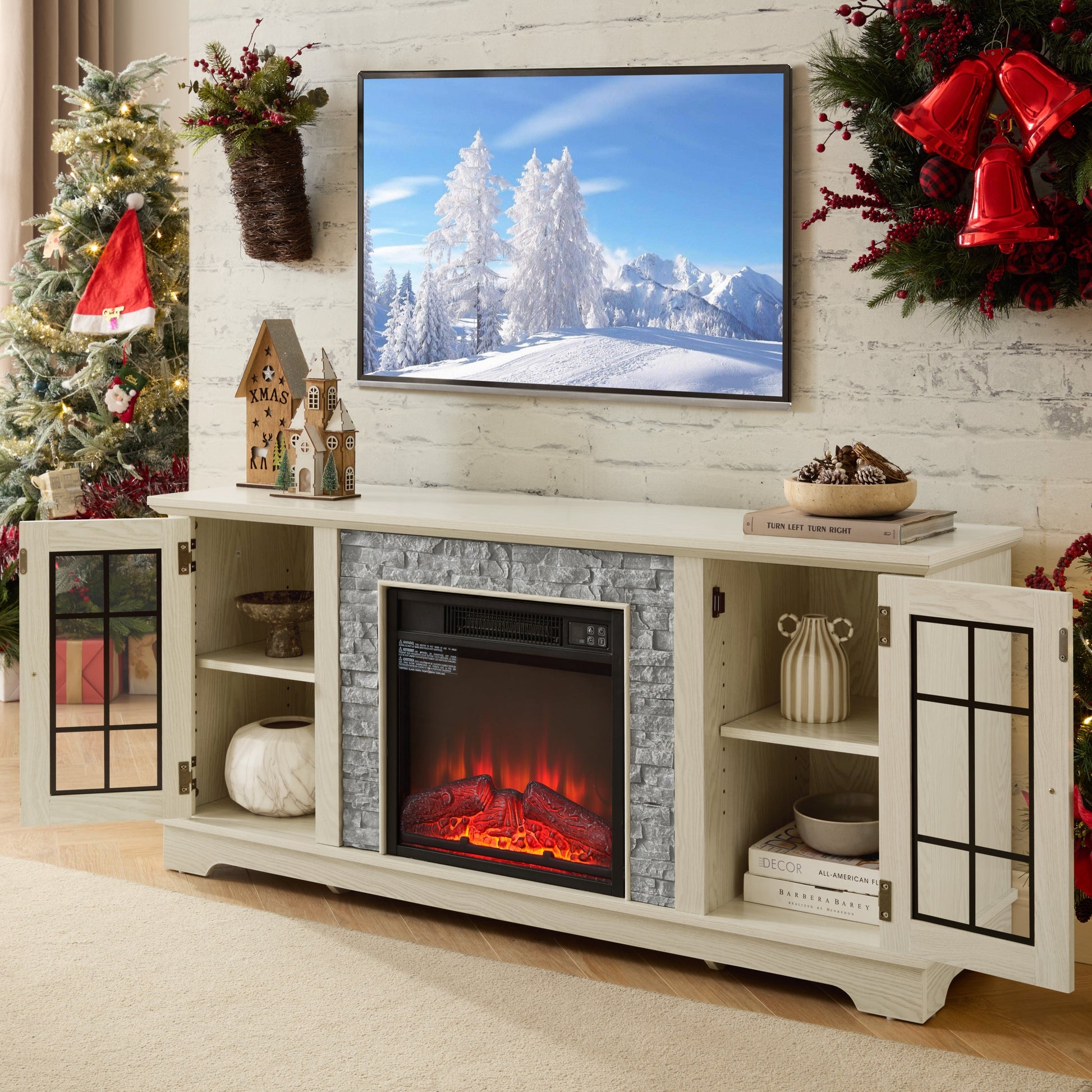 58in modern TV stand with electric fireplace and storage in light wood by HouseOfZazla on Tampa Home & Garden Store