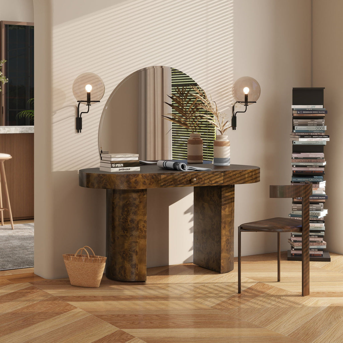 Oval burl wood veneer computer desk with a single drawer, dark brown HouseOfZazla on Tampa Home & Garden Store