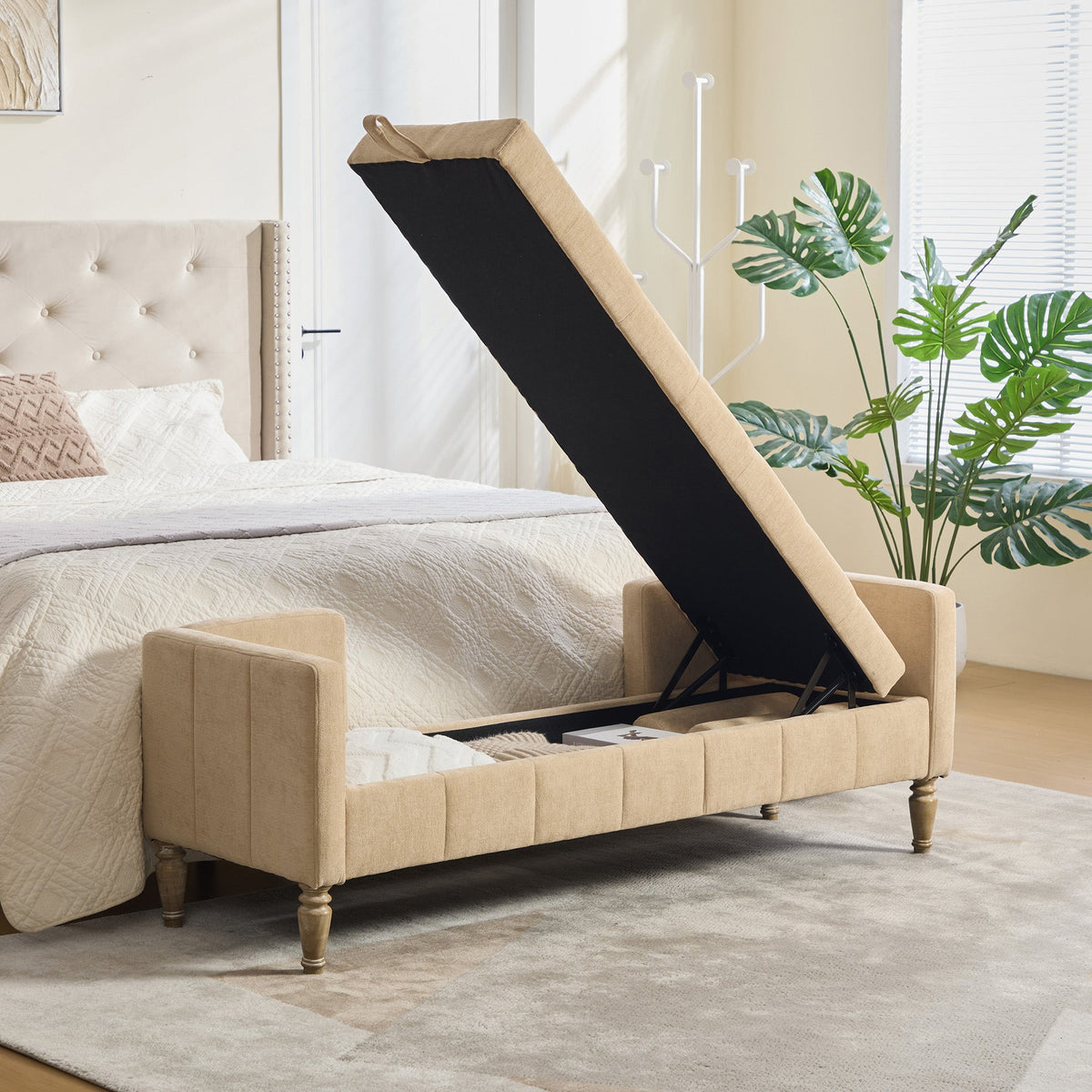 64.6W Upholstered chenille flip-top end-of-bed storage bench with 2 ottomans beige HouseOfZazla on Tampa Home & Garden Store