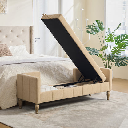 64.6W Upholstered chenille flip-top end-of-bed storage bench with 2 ottomans beige HouseOfZazla on Tampa Home & Garden Store