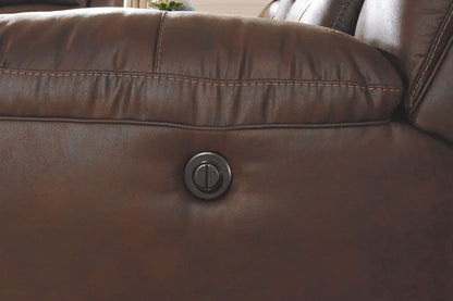 Stoneland Power Recliner brown leather rocker chair with visible stitches and control dial on Tampa Home & Garden Store