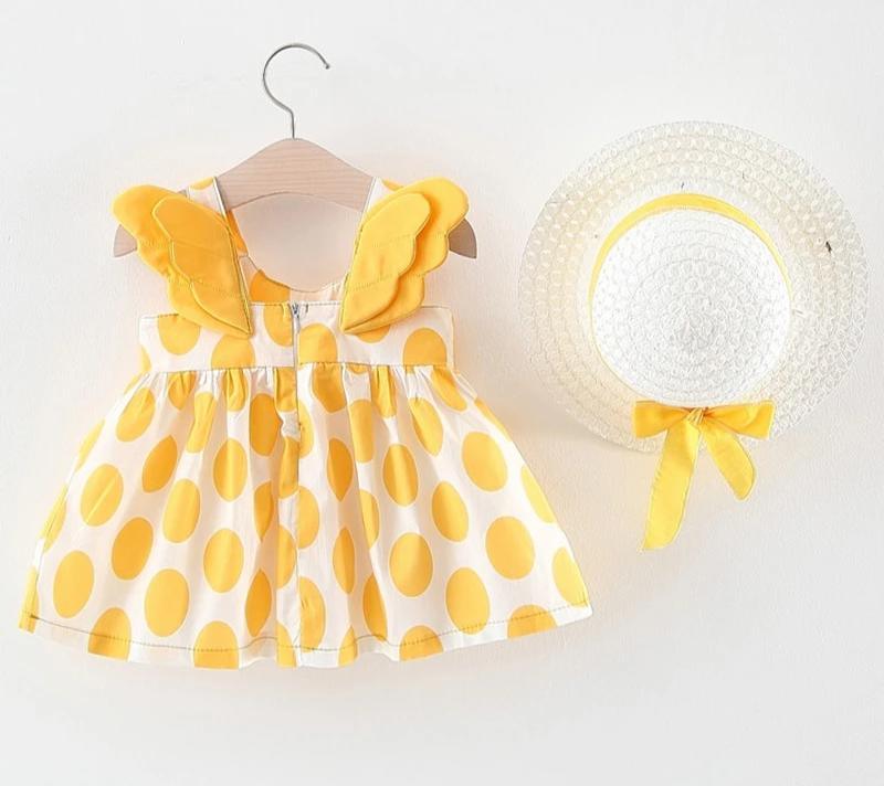 Luxury handmade newborn baby girl dress with hat two-piece yellow polka-dot set on Tampa Home & Garden Store