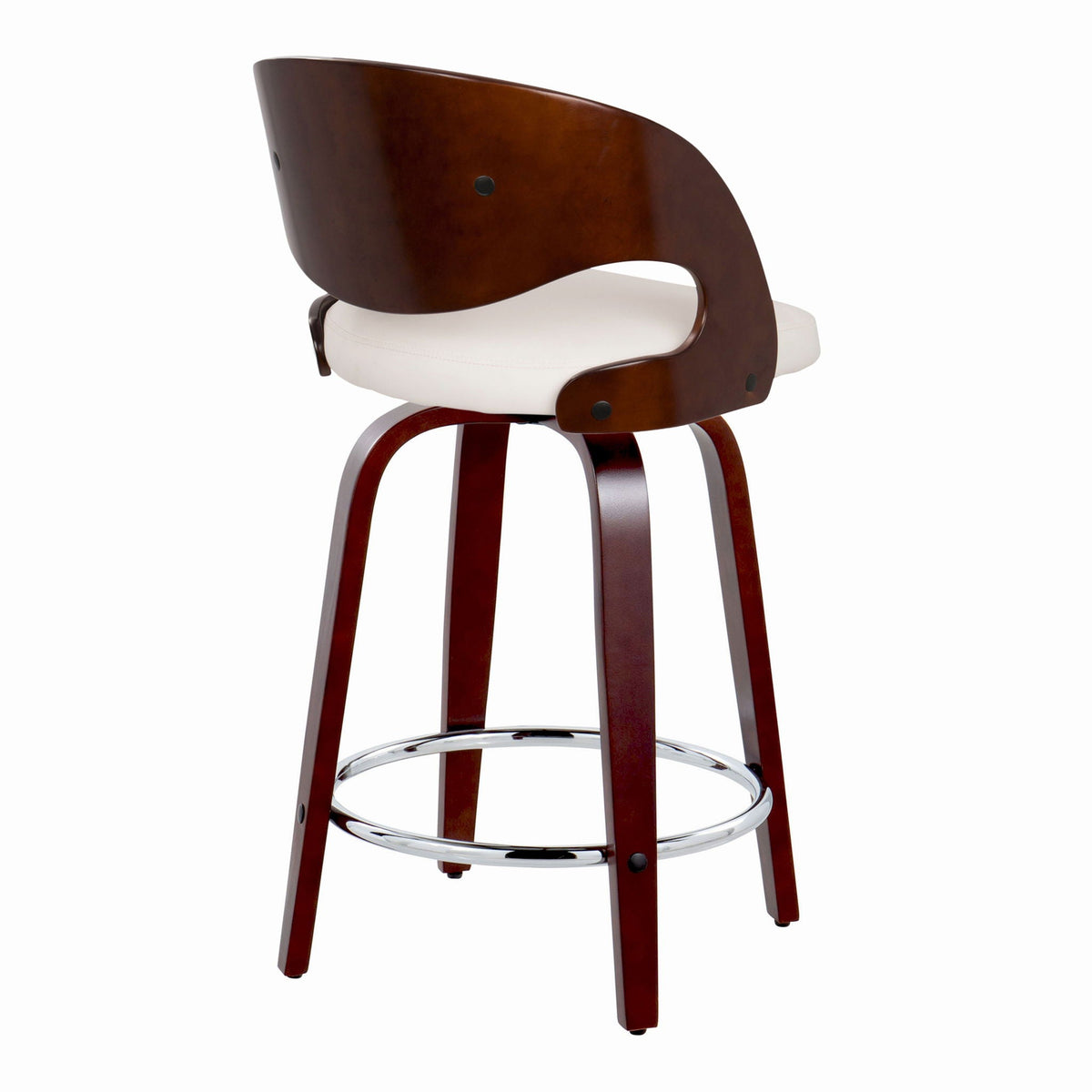 Pino mid-century fixed-height swivel barstool set of 2 with dark wood finish, white upholstered seat and chrome footring on Tampa Home & Garden Store
