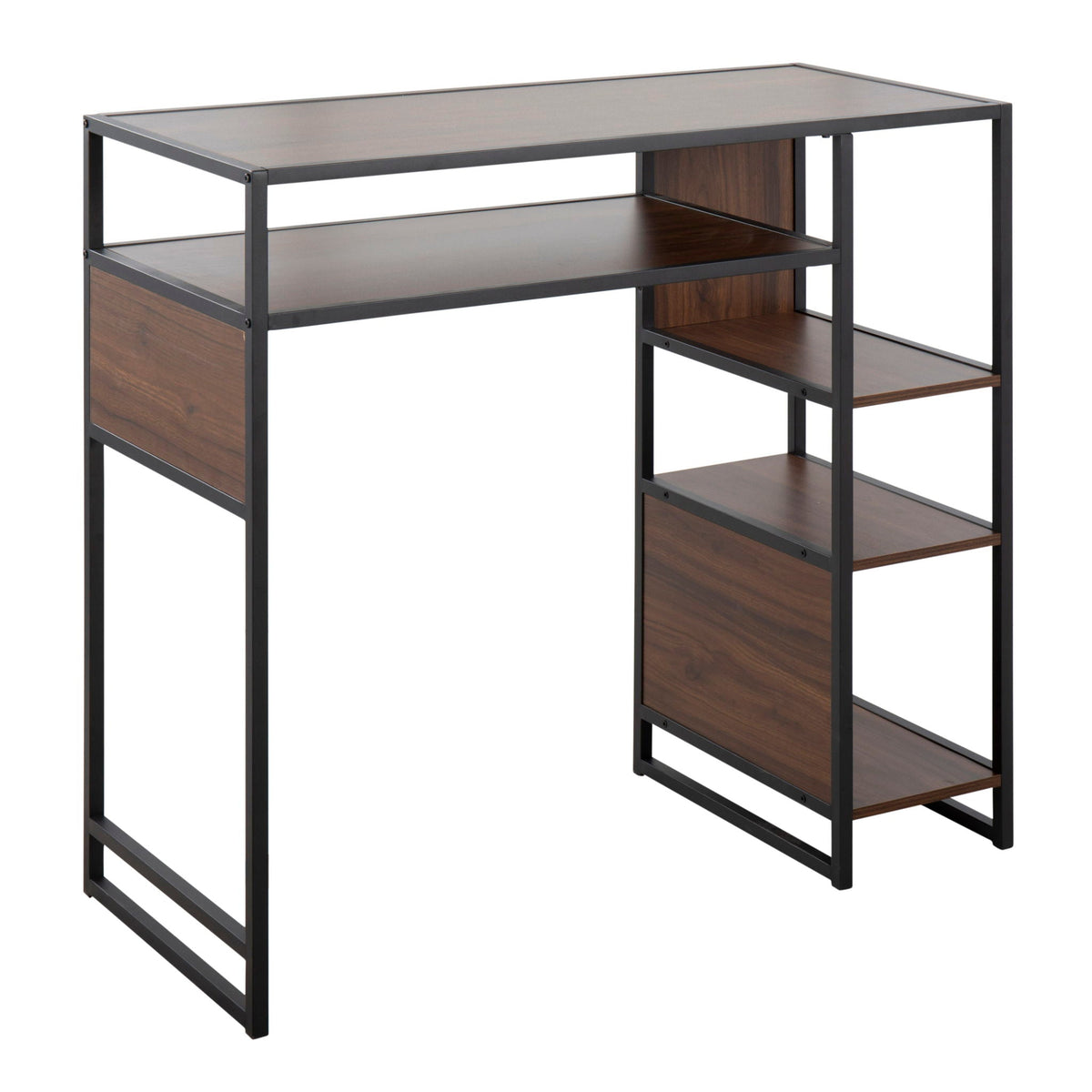 Farmhouse bar-height table with storage, black metal frame and dark brown wood shelves on Tampa Home & Garden Store