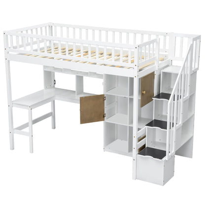 Loft bed with built-in L-shaped desk in white, featuring storage cabinets, shelves and staircase on Tampa Home & Garden Store