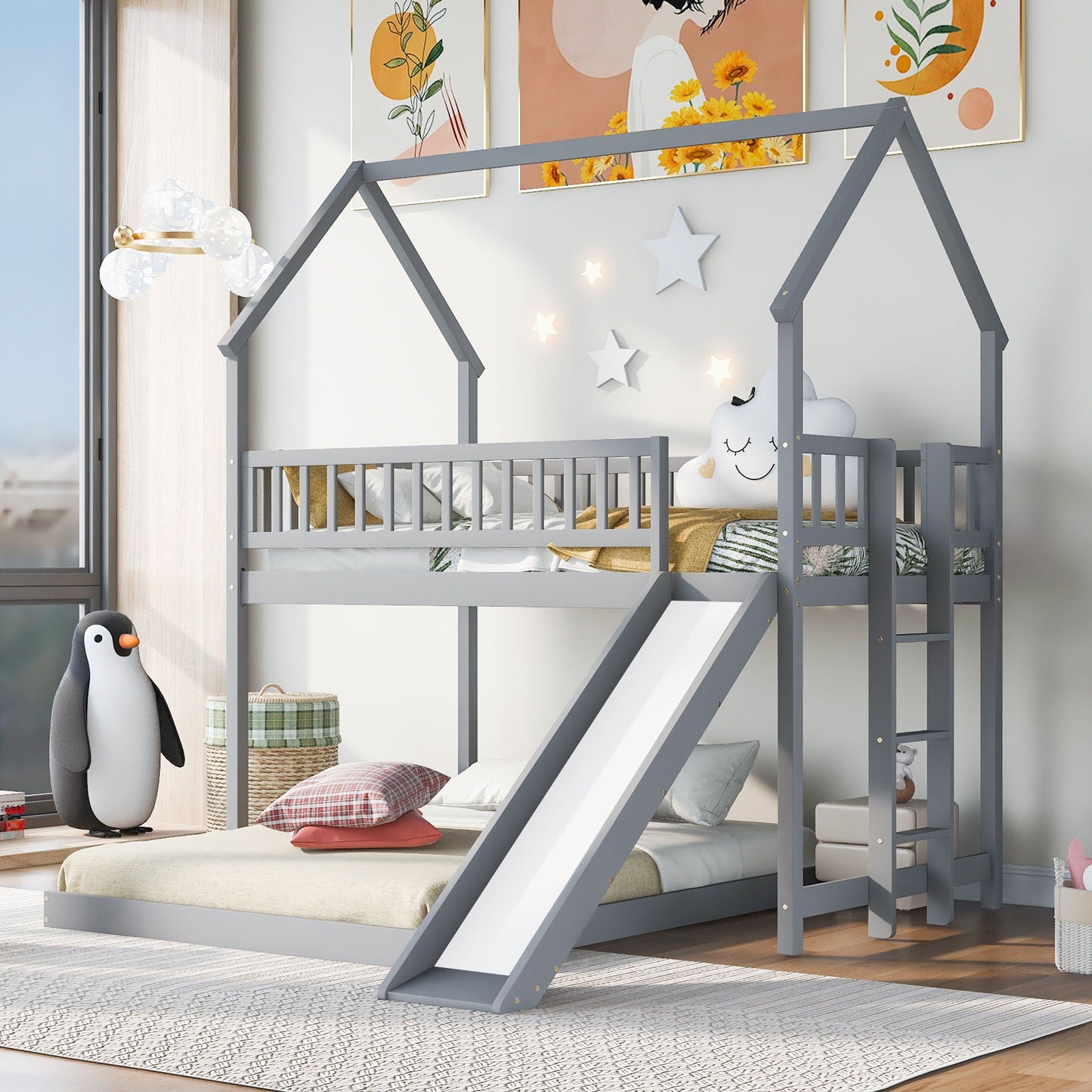 House Bunk Bed With Slide And Built In Ladder, gray bunk bed with slide and built-in ladder on Tampa Home & Garden Store