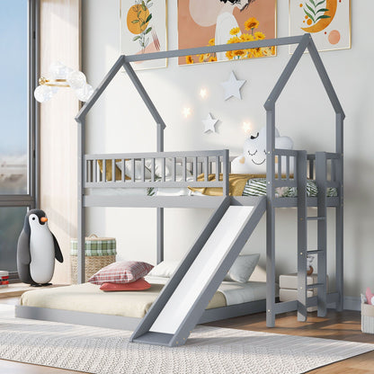 House Bunk Bed With Slide And Built In Ladder, gray bunk bed with slide and built-in ladder on Tampa Home & Garden Store