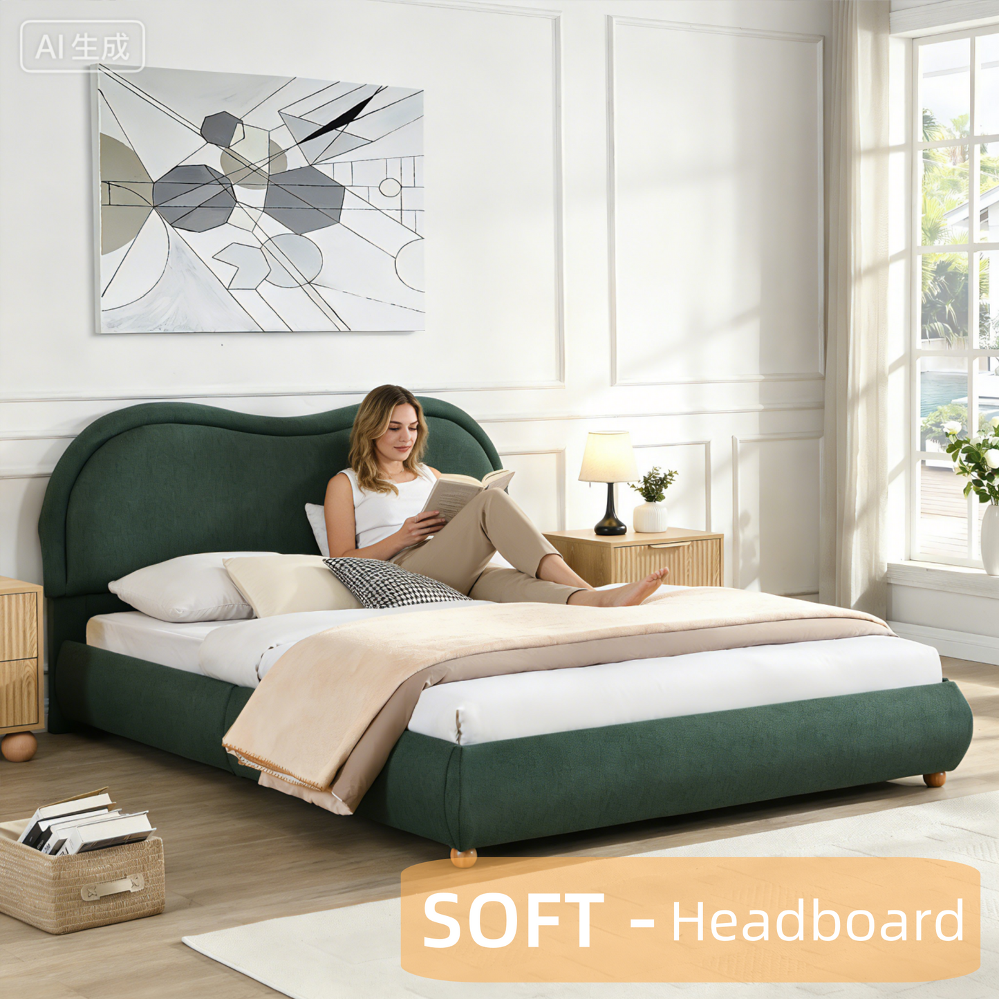 Queen Platform Bed and Soft Curved Headboard