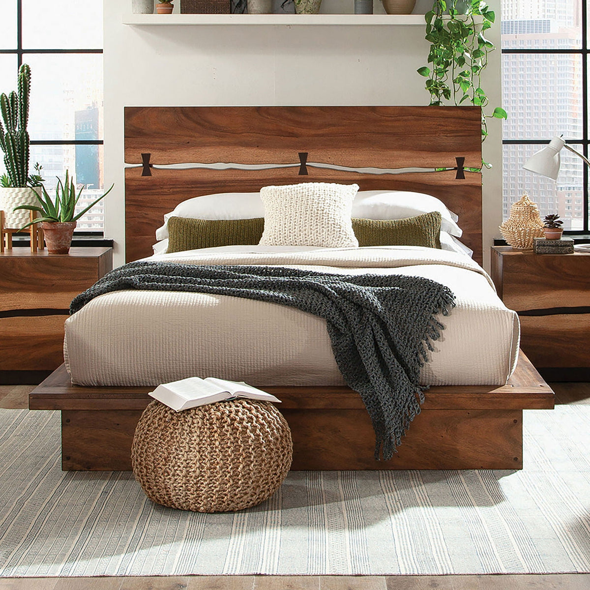 Mallory platform bed with exposed joinery in walnut by HouseOfZazla, white bedding on Tampa Home & Garden Store
