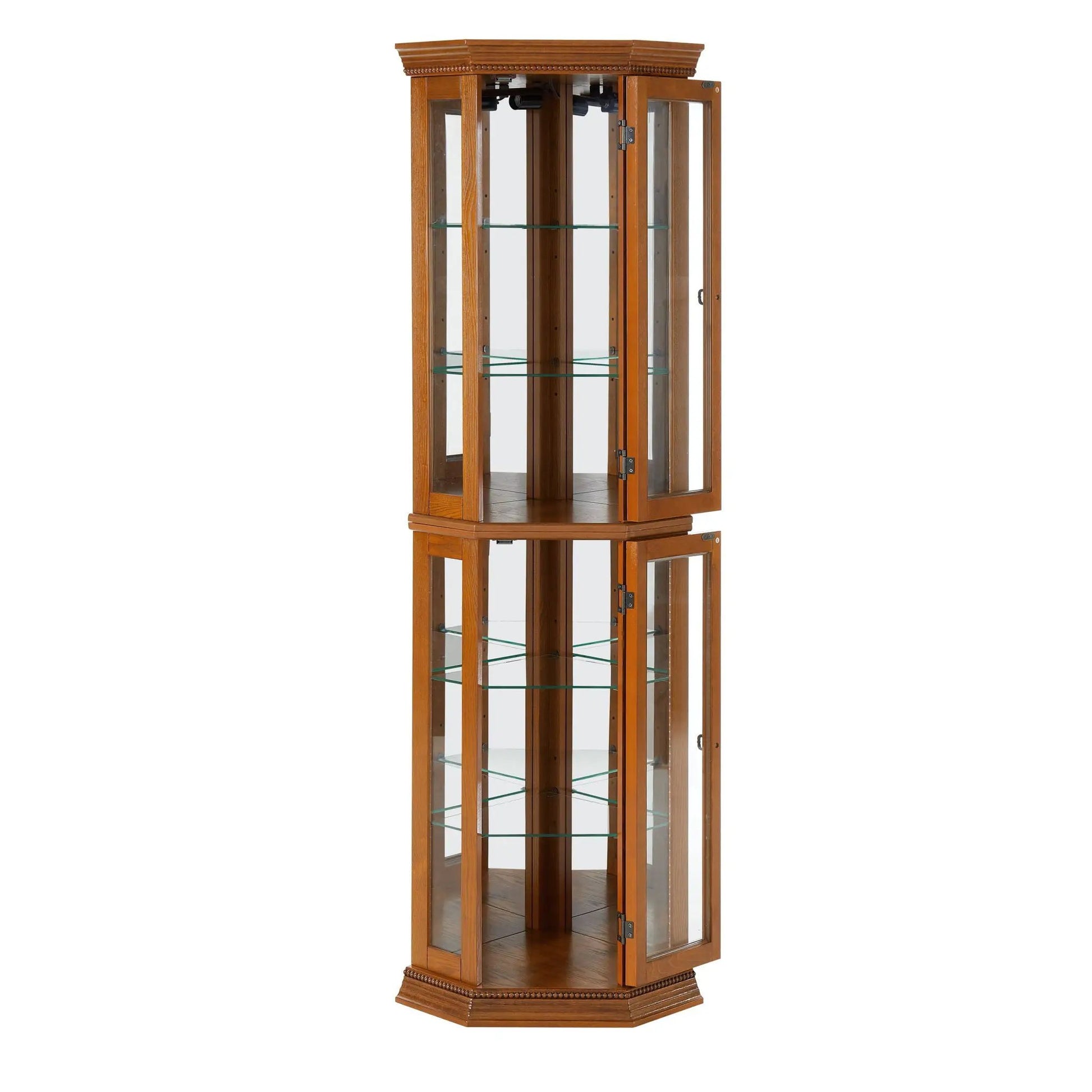 Corner Curio Cabinet With Lights, wood finish, mirrored back, adjustable glass shelves on Tampa Home & Garden Store