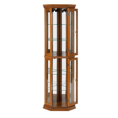Corner Curio Cabinet With Lights, wood finish, mirrored back, adjustable glass shelves on Tampa Home & Garden Store