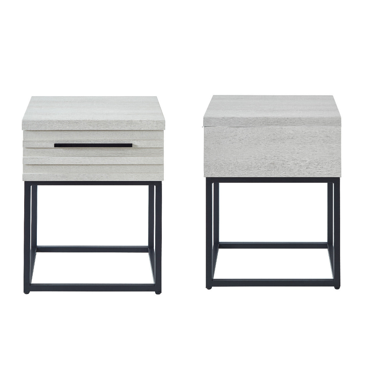 Astral 3-Piece Upholstered Bedroom Set: pair of white tufted nightstands with black metal legs on Tampa Home & Garden Store