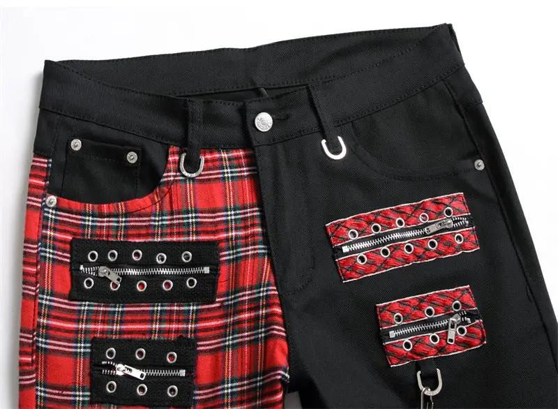 Black panel colorblock straight men's jeans with red plaid patches, zippers, grommets FLIPSTYLEZLLC on Tampa Home & Garden Store