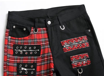 Black panel colorblock straight men's jeans with red plaid patches, zippers, grommets FLIPSTYLEZLLC on Tampa Home & Garden Store