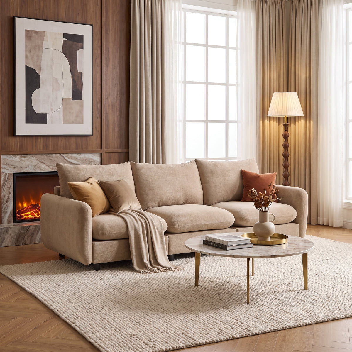 Modern 3 Piece Sectional Sofa with wood frame in beige fabric on Tampa Home & Garden Store