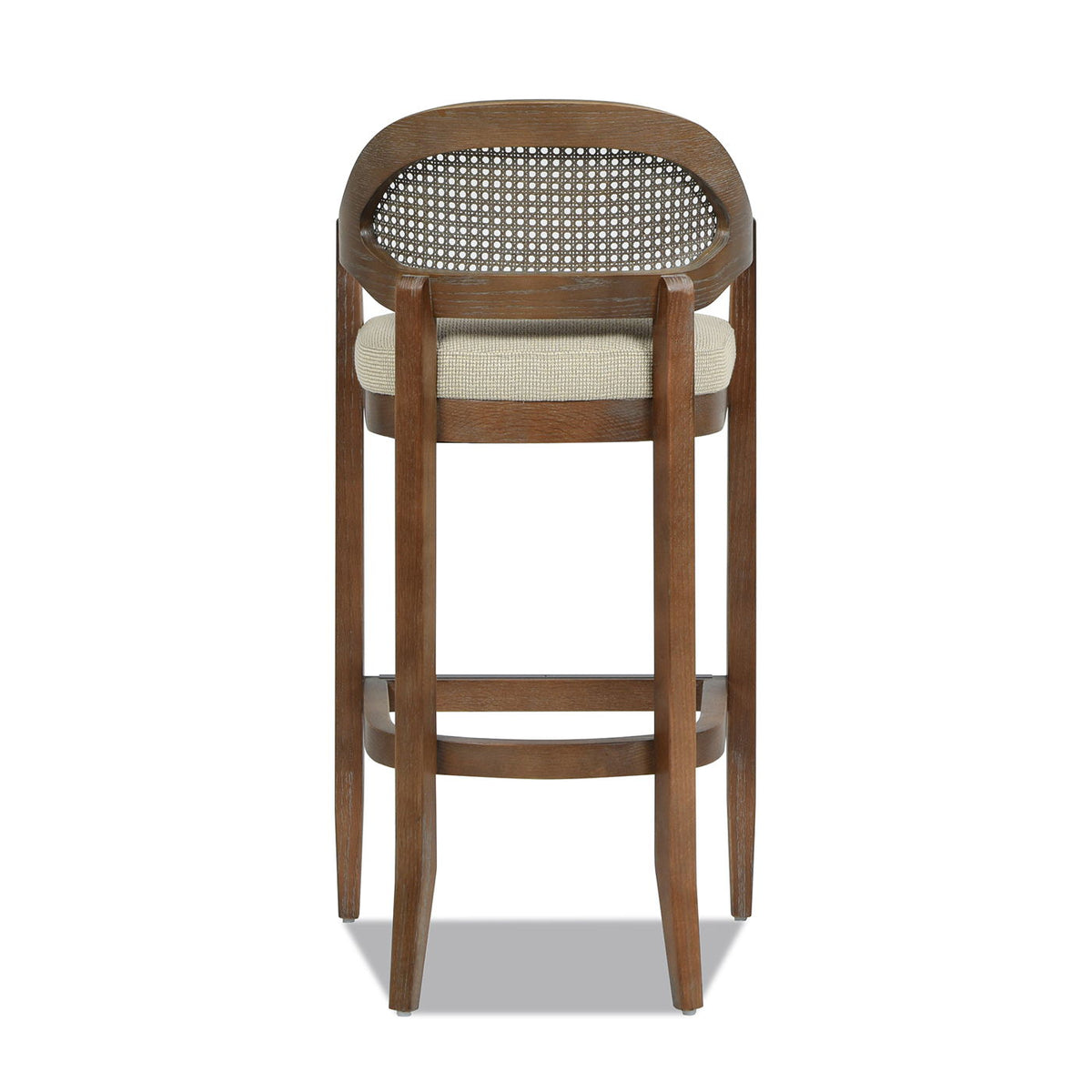 Mid-Century Modern cane-back counter stool with barrel back, wood frame, beige cushion on Tampa Home & Garden Store