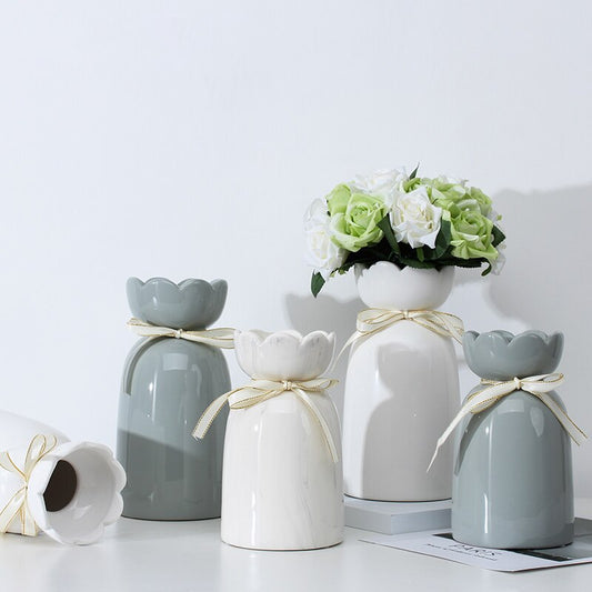European-style creative ribbon ceramic vase dining room table dry flower arrangement table top decoration at home - Tampa Home & Garden Store