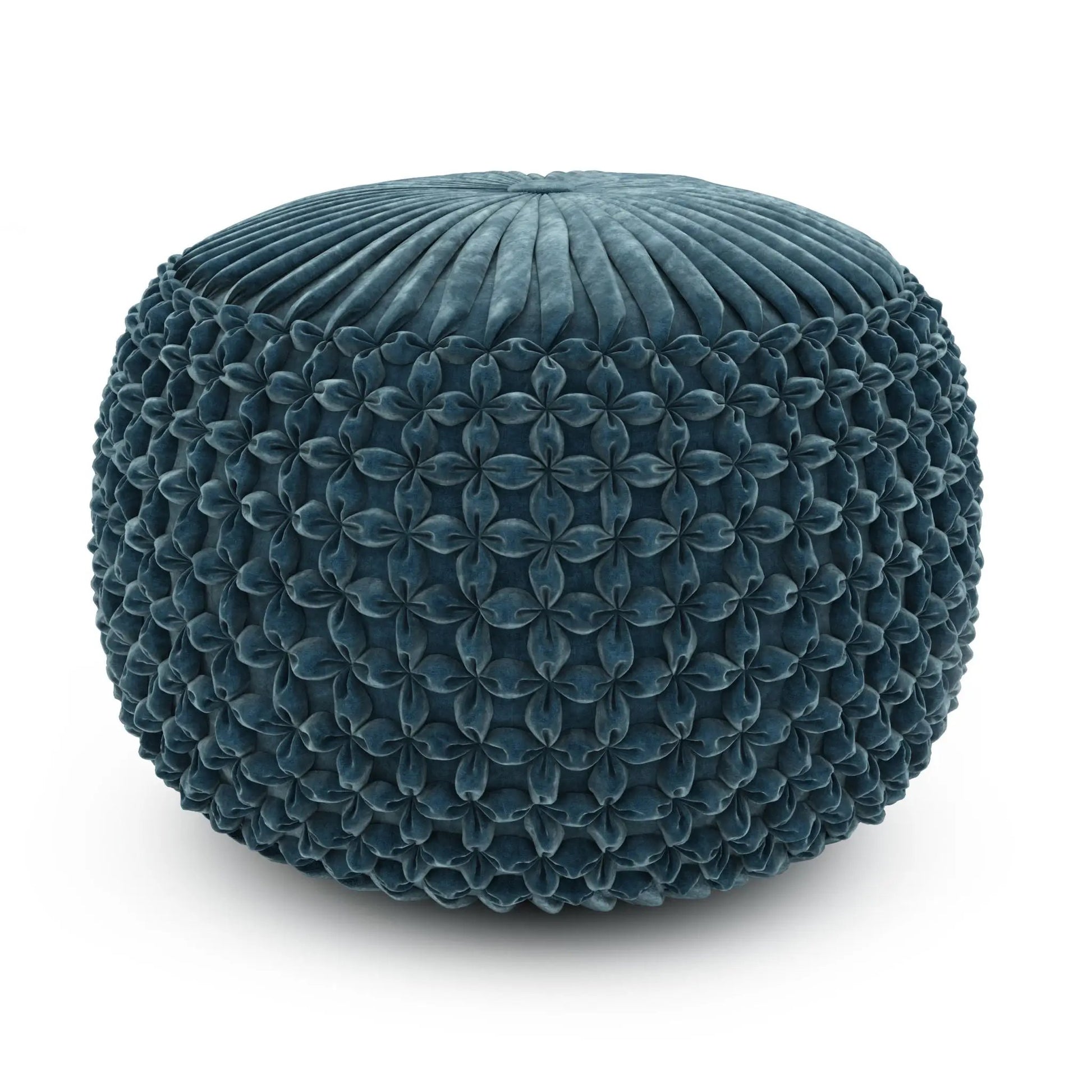 Renee Handcrafted Round Pouf, blue velvet texture, Unique Piece Furniture accent piece on Tampa Home & Garden Store