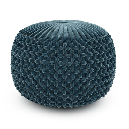 Renee Handcrafted Round Pouf, blue velvet texture, Unique Piece Furniture accent piece on Tampa Home & Garden Store