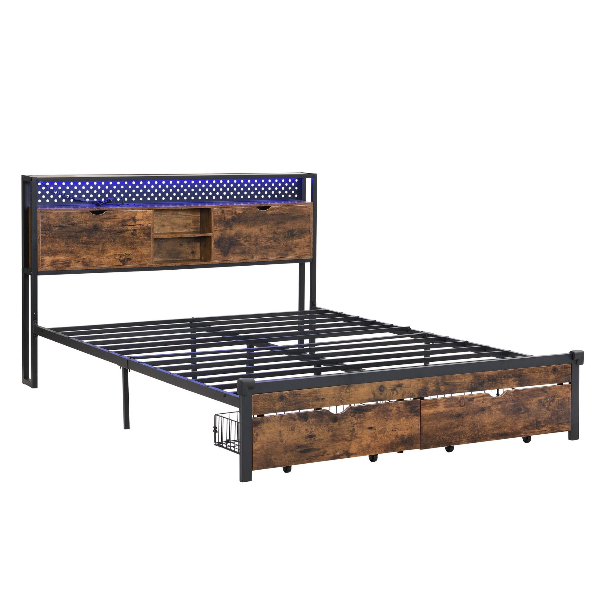 Modern platform bed with USB charging, 2 drawers and blue LED lights, dark wood panels on Tampa Home & Garden Store