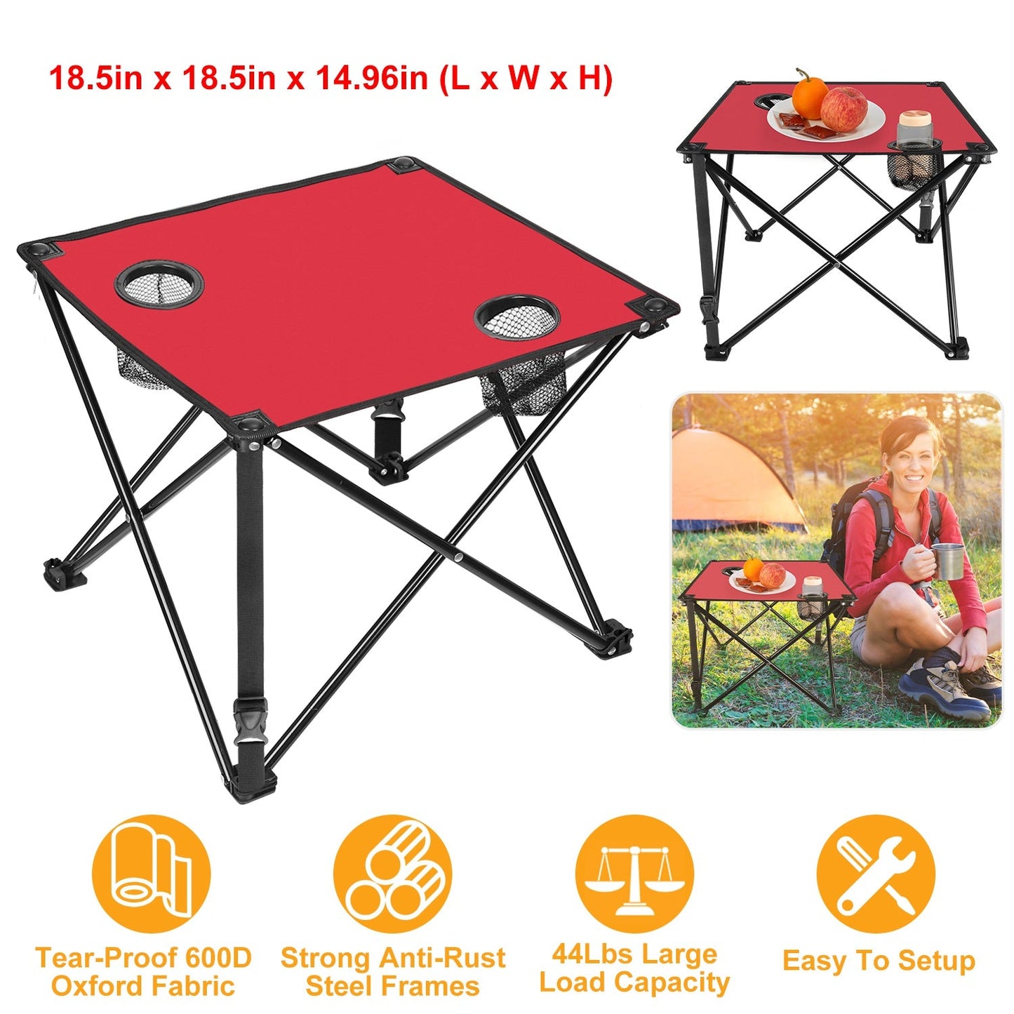 2Pcs foldable camping table set with red top, 2 cup holders, and carrying bag GemGear on Tampa Home & Garden Store